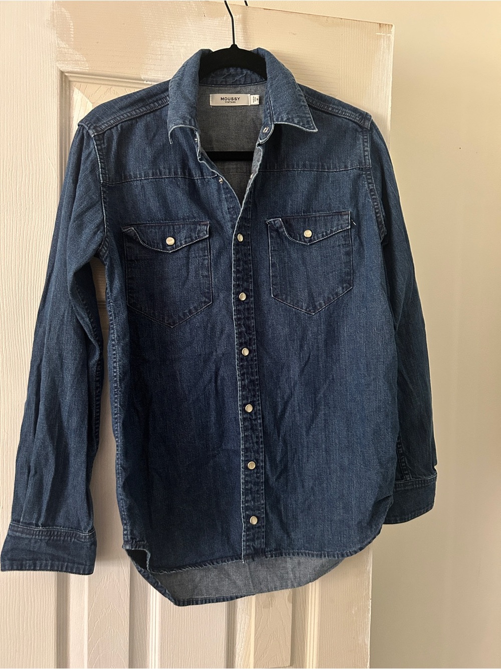 Moussy Dark Blue Denim Button-Down Shirt pearl snaps